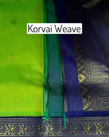 Kanchipuram Pure Silk Pure Zari Korvai Saree | Purple & Chartreuse | Contrast Border | Handwoven | Ships from California